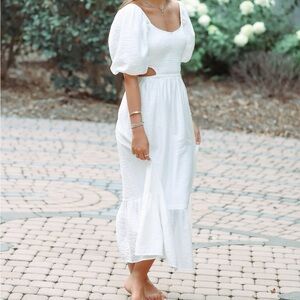 white backless cutout dress, brand:moon river